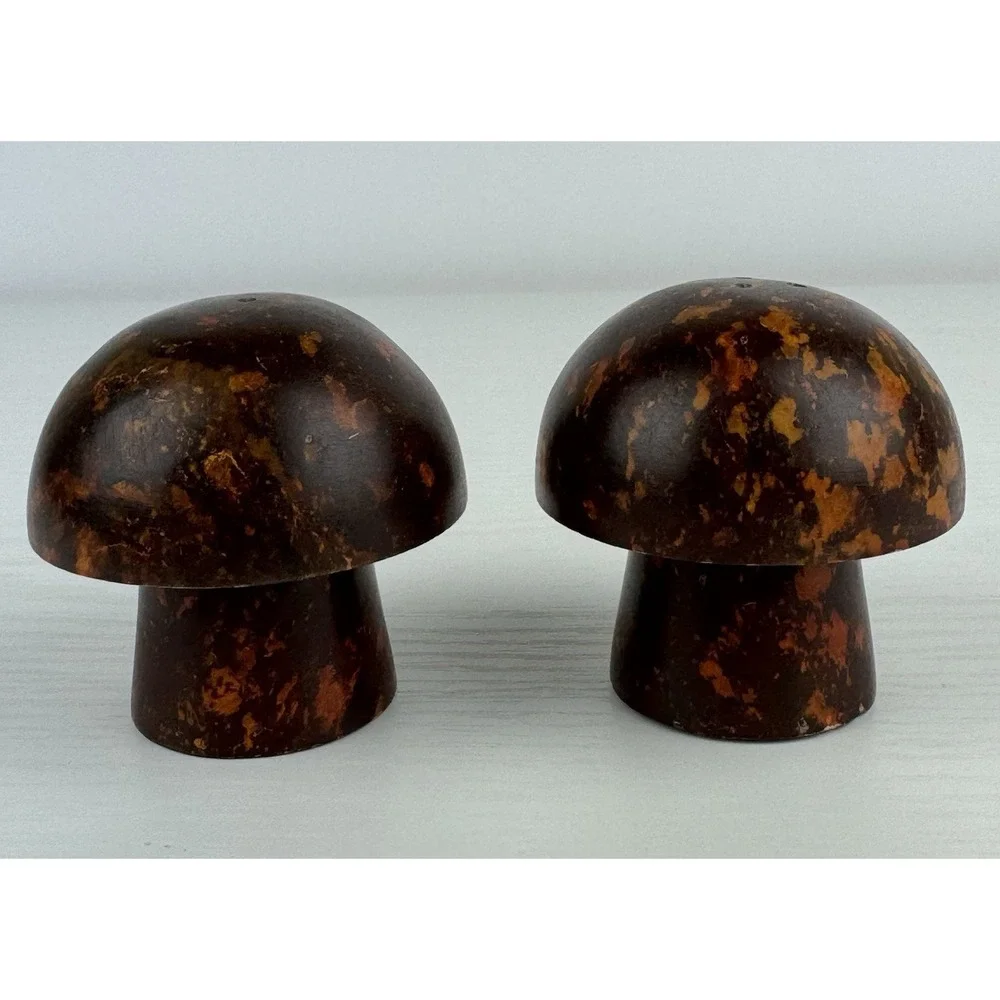 Vintage Bakelite Mushroom Salt &‎ Pepper Shakers Tortoise Shell Tested MCM Set